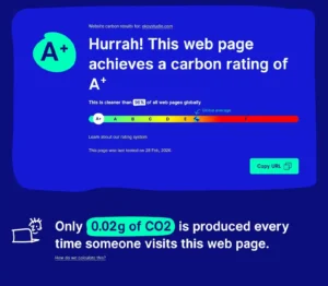 Ekoy studio screenShot of website carbon report showing a grade of A+